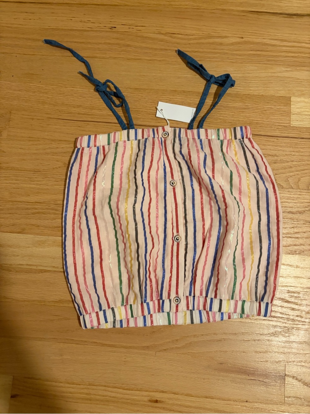 Striped Button-Front Tank Top with Blue Tie Straps